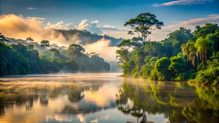 Obraz premium Lush Amazon River at Dawn Embraced by Mist Serene Waters Reflecting the Sky Above Tropical Paradise Untouched Beauty