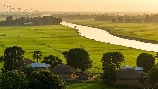 Rice field aerial shot at village. 4k aerial views of beautiful river small house and rice terraces field at  village