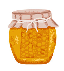 Glass jar with honey syrup in hand drawn flat style