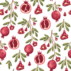 Pomegranate branch with leaves seamless pattern in flat texture style. Fruit fabric print