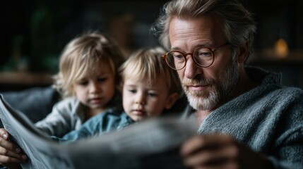 Enjoying slow moments of family time in cozy surroundings with children and a newspaper during a peaceful afternoon