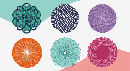 A collection of six circular patterns with intricate geometric designs in various colors and textures.