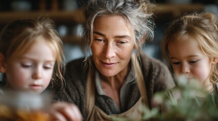 Creative bonding moments captured in slow motion with a handy camera, showcasing a mother and her twin daughters engaging in crafting