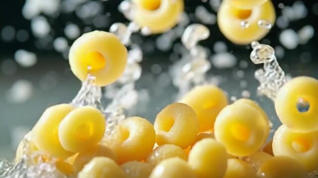 Italian gnocchi fall into the water with splashes. Filmed on a high-speed camera at 1000 fps. High quality FullHD footage