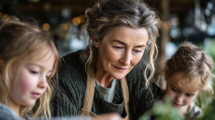 Capturing joyful moments of a grandmother and her granddaughters planting herbs with a handy camera in vibrant slow motion