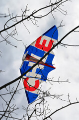 A kite with the word chile caught in the branches of a tree, a popular tradition during national...