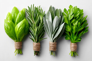 Fresh herbs flat lay featuring basil, rosemary, thyme, and parsley, beautifully arranged with natural textures and vibrant colors, ideal for culinary inspiration