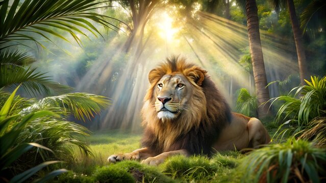 Majestic Lion in Jungle Paradise A Portrait of Wild Beauty and Serene Ambience Under a Radiant Sun