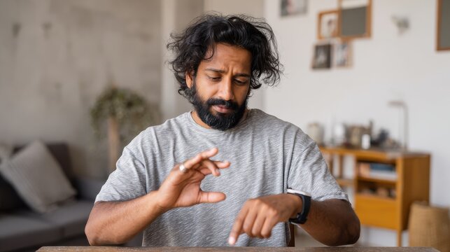 technology health and people concept  indian man recording video review of smart watch with or code on screen at home and making soso gesture no logos no brands ar 169