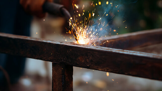 Sparkling metal cutting with a grinder on a steel beam