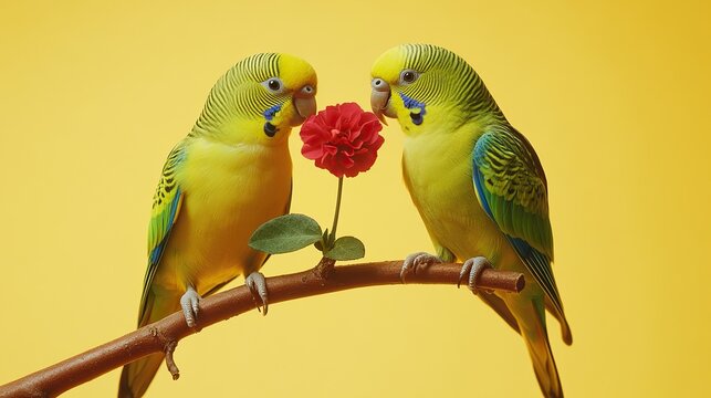 Two parakeets on a perch holding a single red bloom in their beaks, isolated on yellow background, 