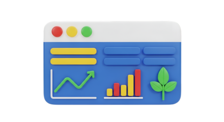 3D Business Dashboard with Growth Charts and Leaf Icon