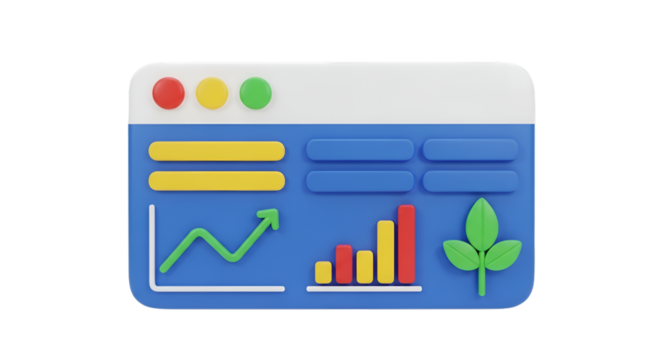 3D Business Dashboard with Growth Charts and Leaf Icon