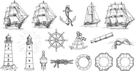 Vintage Nautical Maritime Vector Illustration Set with Ships, Anchors, Lighthouses, Lifebuoys, Helm, Rope Knots, Compass, and Sailing Tools for Ocean Adventures