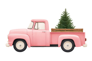 Vintage pink truck carrying christmas tree, cut out