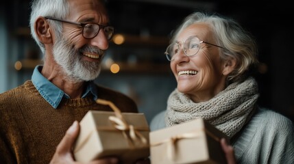 Joyful couple exchanging gifts in cozy setting during festive season
