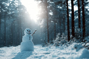 cheerful snowman waving with digital hand in pristine winter forest surrounded by ultrabright snowflakes