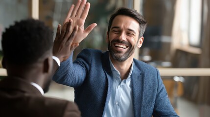 indian happy smiling multiracial professional ceo businessman giving highfive to business partner after financial acquisition bank bargain contract at office high five concept over shoulder view no l