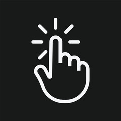 White Hand Click Icon with Radiating Lines on Black Background, Minimalist Touch Gesture Symbol for UI Interaction, Tap Activation, and Digital Interface Design