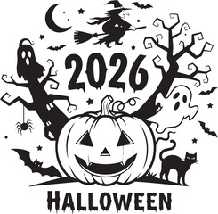 Halloween 2026 Celebration, Spooky Cartoon Illustration with Pumpkin, Ghost, Witch, and Haunted Trees
