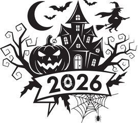 Haunted House Halloween 2026, Black and White Spooky Illustration with Witch, Pumpkin, and Bats