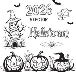 Spooky Treehouse Halloween 2026, Black and White Vector Illustration with Pumpkins, Witch Hat, and Ghostly Detail