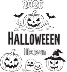 Halloween 2026 Pumpkin Parade, Stylized Illustration with Bats, Witch Hat, Vines, and Carved Faces