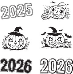 Halloween 2025–2026 Pumpkin Icon Set, Black and White Vector Illustrations with Witch Hats, Bats, and Festive Numbers