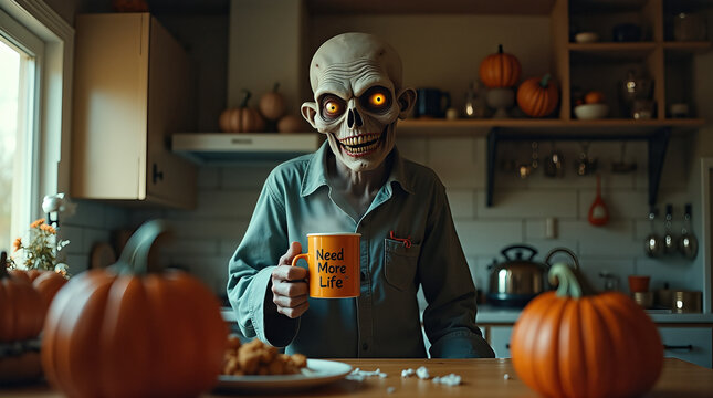 Humorous zombie morning in messy Halloween kitchen with pumpkin decorations and spooky coffee mug holding sinister character.