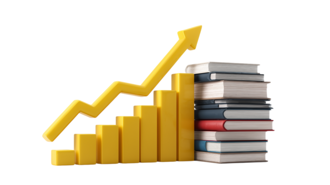 A yellow line with a red arrow pointing upward is above a stack of books