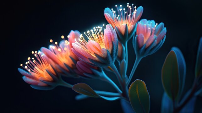 ultra-detailed macro photography of glowing fynbos flowers, bioluminescent flora, high-definition realism,