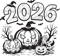 Halloween 2026 Spooky Scene, Black and White Illustration with Pumpkins, Witch Hats, Haunted Trees, and Cartoon Character