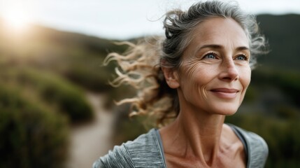 Embracing nature with joy, a woman runs through the trails as sunlight kisses her face and the wind dances in her hair