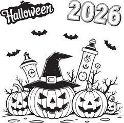 Clock Tower Halloween 2026, Black and White Illustration with Pumpkins, Tombstone, Bats, and Haunted Trees