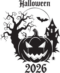 Moonlit Halloween 2026, Gothic Black and White Illustration with Haunted House, Pumpkin, Tree, and Bats