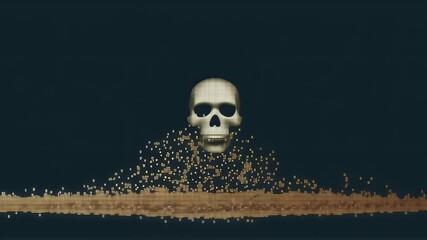 Skull disintegrating into golden particles on black background. Surreal death concept. Digital art animation for horror movie, game intro or halloween event