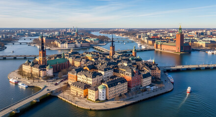 Fototapeta premium Aerial view of a historic European island city with intricate architecture and waterways under a clear blue sky.