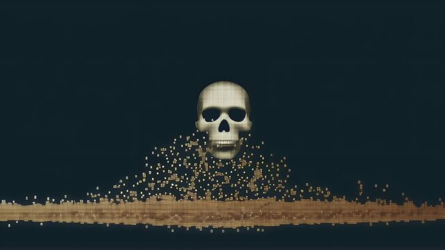 Skull disintegrating into golden particles on black background. Surreal death concept. Digital art animation for horror movie, game intro or halloween event