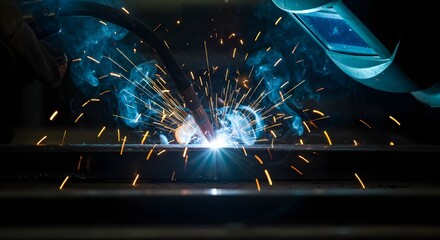 Close-up of welding sparks flying in dark industrial environment during metal work