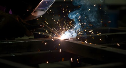 Close-up of welding sparks flying in dark industrial environment during metal work