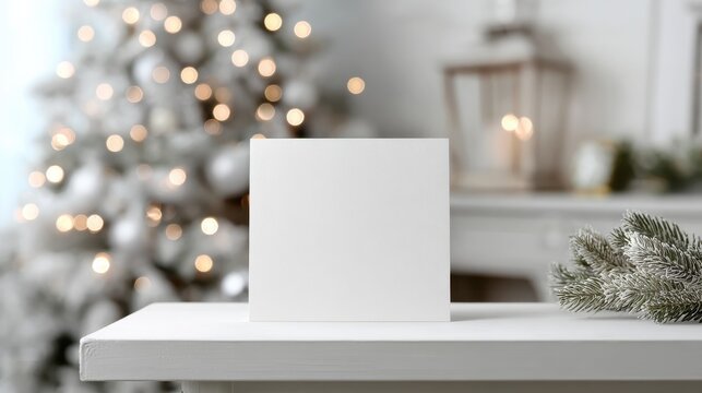 a mock up for a square white greeting card it sits on a white shelf and the background is white with white christmas tree branches bokeh and twinkling lights the c