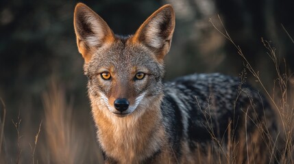Coyote stares intently in tall grass, backlit by soft light