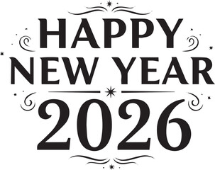 Happy New Year 2026, Black and White Celebration Illustration with Stars, Swirls, and Bold Typography