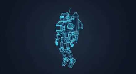 Wireframe Robot With Rocket Pack Floating In Space jetpack