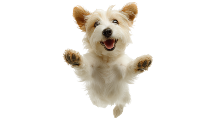 A white dog is jumping in the air with its tongue out