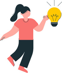 Cartoon Woman Reaching Towards Illuminated Yellow Light Bulb Idea Concept.