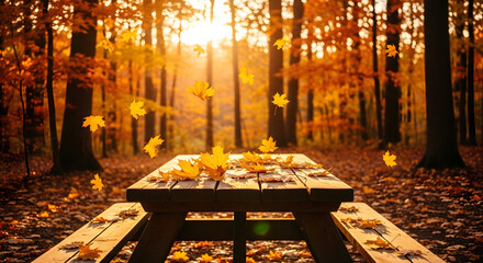 Golden autumn sunlight illuminates a picnic table covered in fallen leaves in a forest.