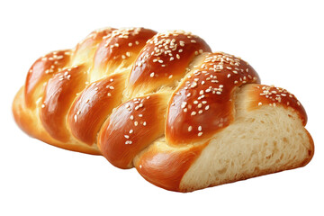 Golden braided challah bread with sesame seeds on black background, cut out
