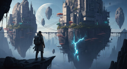 A lone explorer standing on the edge of a cliff, looking at a vast, surreal landscape of floating rocks and ancient, impossible architecture, sense of scale and wonder. Epic fantasy scene, cinematic, 