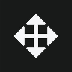 Four-Way Directional Arrow Icon in White on Black Background, Minimalist Navigation Symbol for Movement, Drag, and UI Control in Digital Interface Design